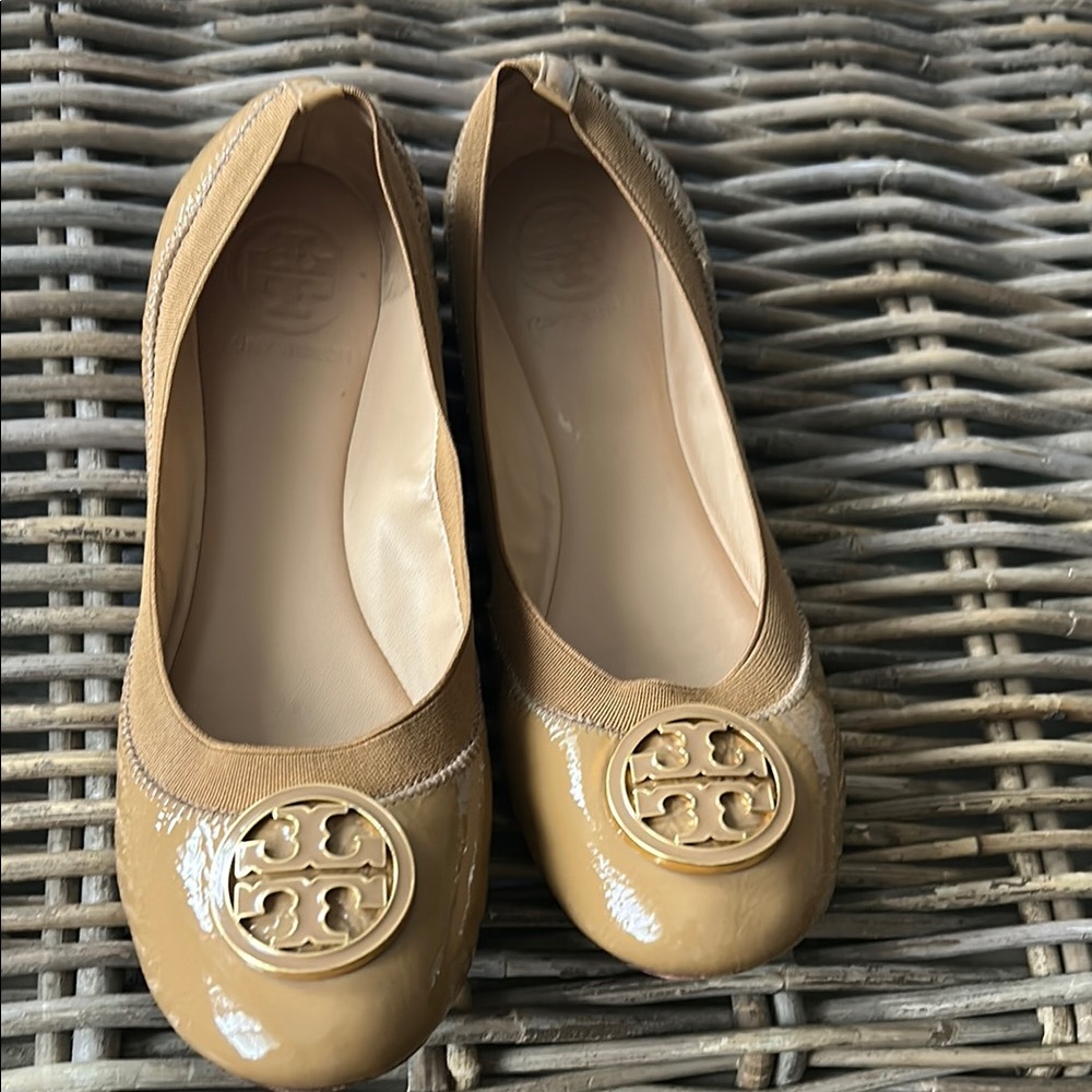 Tory Burch Tan Patent Leather Flats with Gold Medallion
